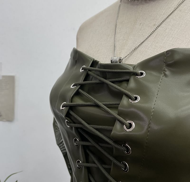 Faux Leather Lace-Up Crop Long-Sleeve Top
