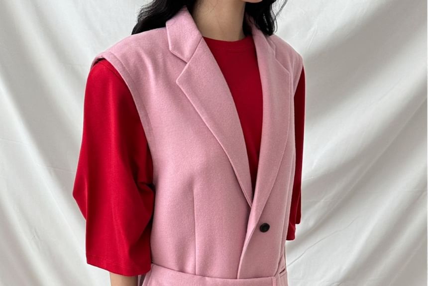 Set Of 3: Woolen Crop Jacket + Vest + Belt Bag