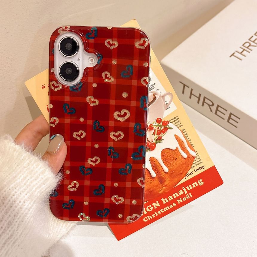 Set Plaid / Case Strap Phone Heart Pom