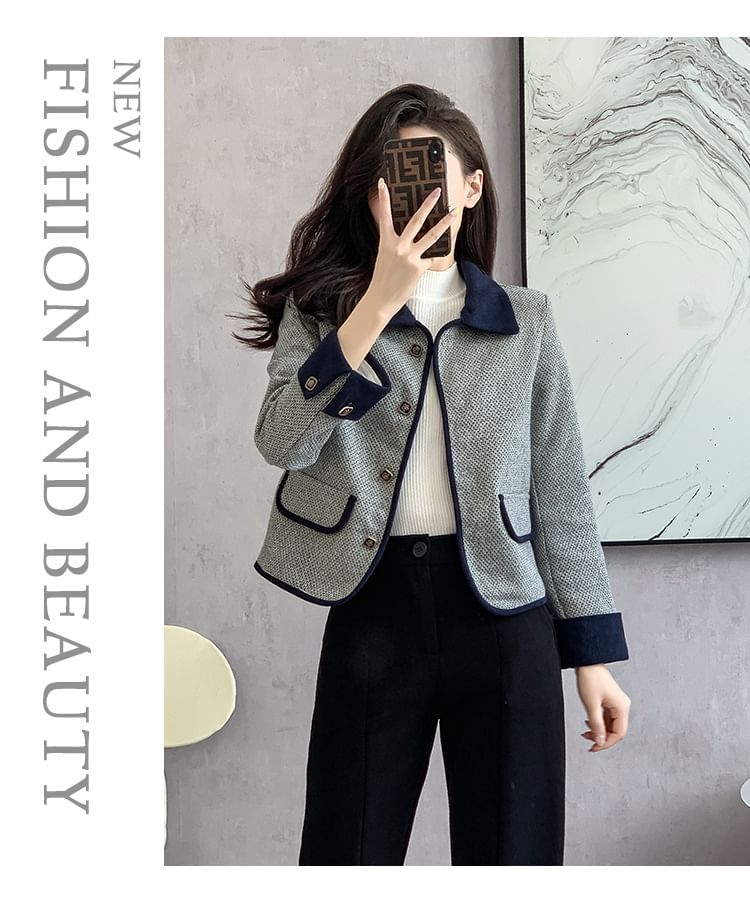 Lapel Collar Two Tone Button Cropped Tweed Jacket