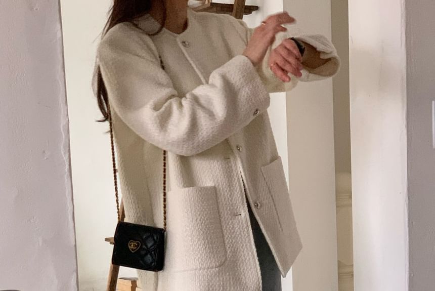 Round Neck Button-Up Tweed Coat