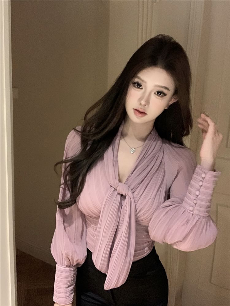Ruched Tie-Neck Puff-Sleeve Plain Blouse