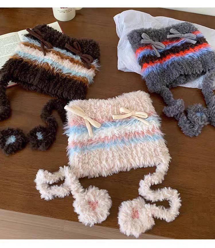 Cat Fluffy Ear Bow Knit Beanie