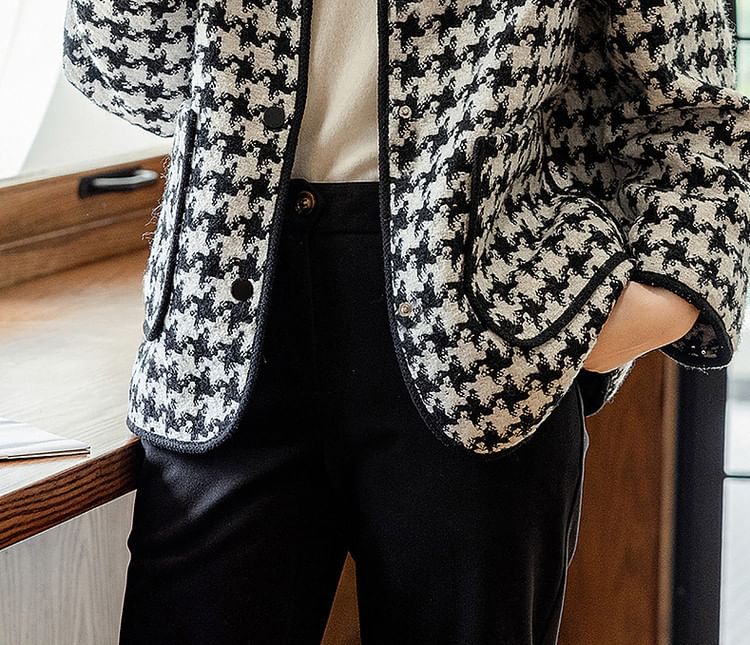 Round Neck Houndstooth Tweed Button Jacket