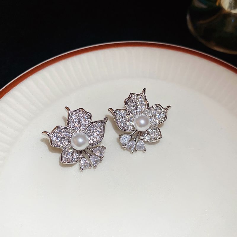 CZ Earring Pearl Faux Flower Stud