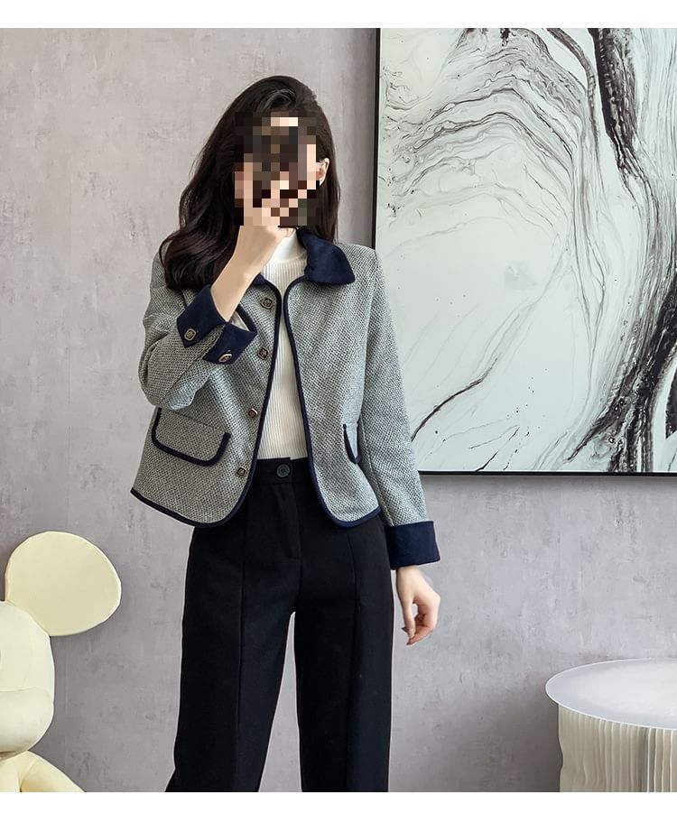 Contrast Collar Tweed Button-Up Jacket
