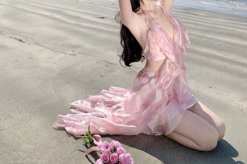 Halter Top + Set: Floral High Midi V-Neck Crop Skirt A-Line Waist