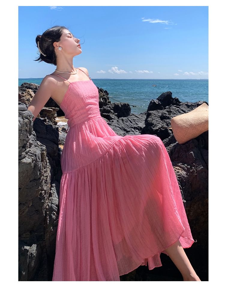 Spaghetti Plain A-Line Strap Textured Maxi Dress