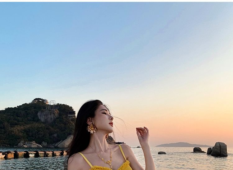 Dress Plain Strap Ruffle Spaghetti V-Neck Maxi Bodycon Hem