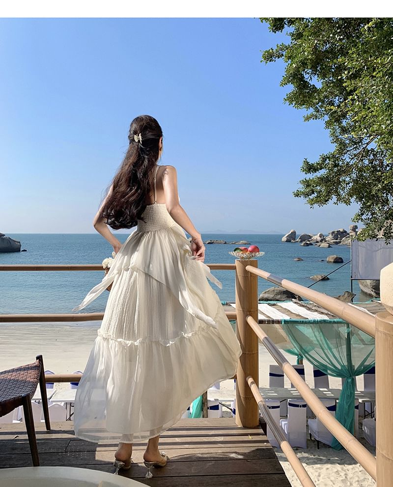 Strap Maxi Plain Ruffle Dress Spaghetti A-Line Trim V-Neck