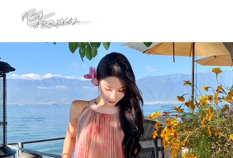 Maxi A-Line Dye Crew Sleeveless Neck Dress Pleated Tie