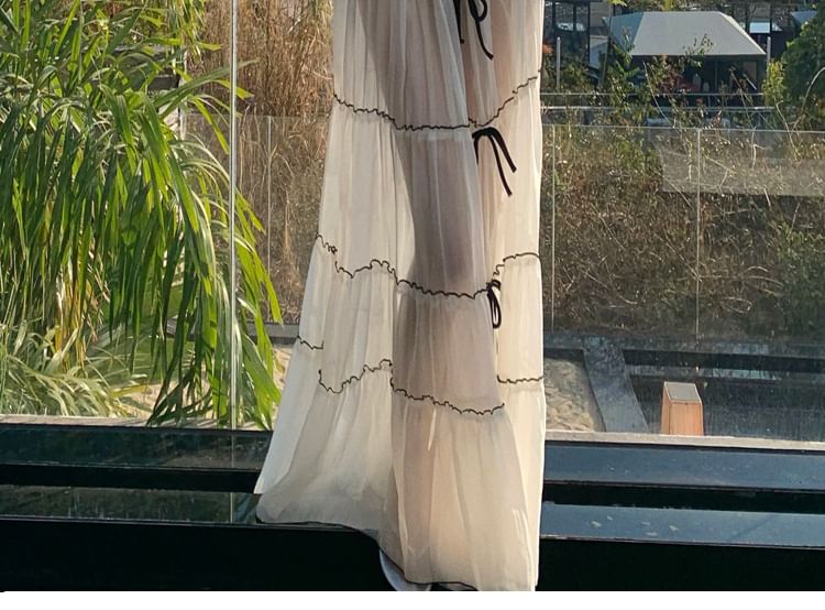 Skirt Crop + Top V-Neck Detail Bow Sleeveless Set: Maxi Mid Plain A-Line Rise