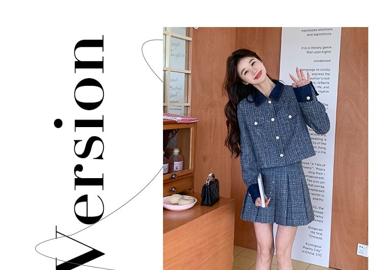 Set: Collared Tweed Button-Up Jacket + Mini Pleated Skirt