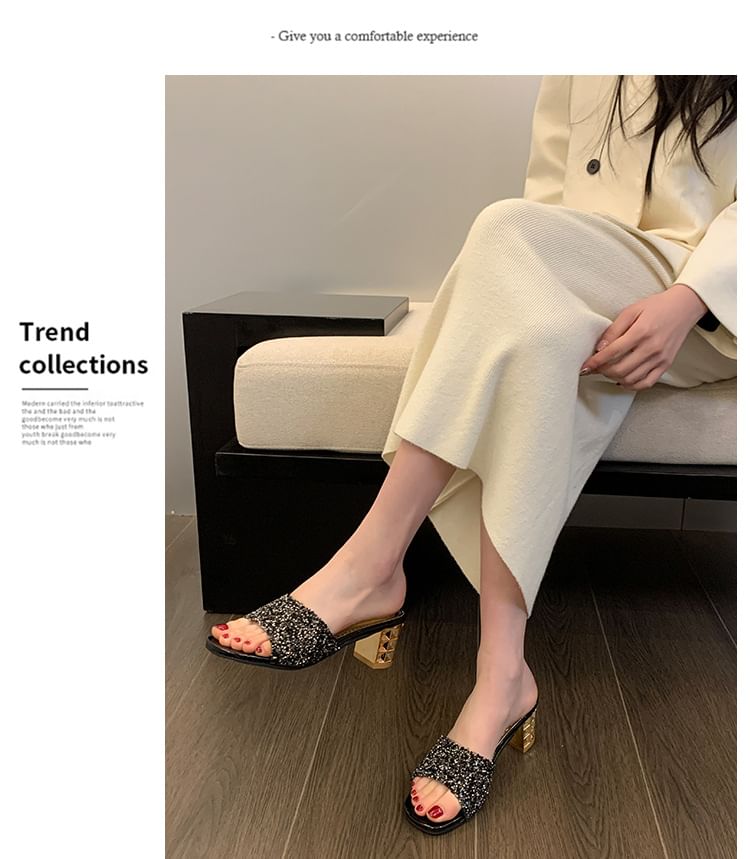 Rhinestone Sandals Heel Slide Chunky