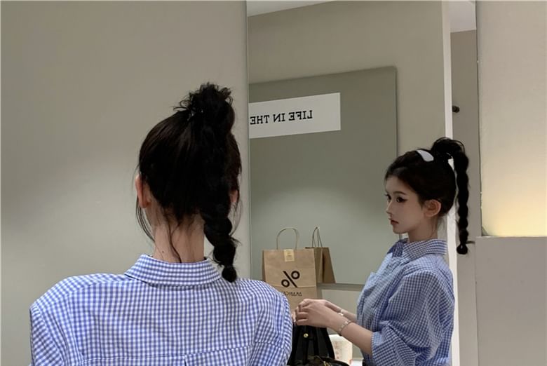 Pocket Henley Front Mini Plaid Shirt Pleated Long-Sleeve Hem Dress