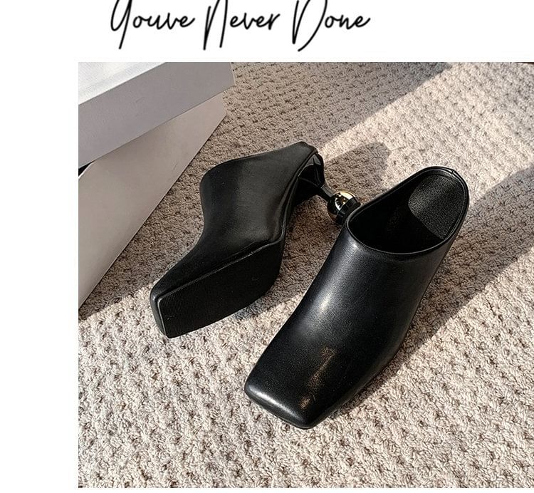 Heel Faux High Toe Square Mules Plain Leather
