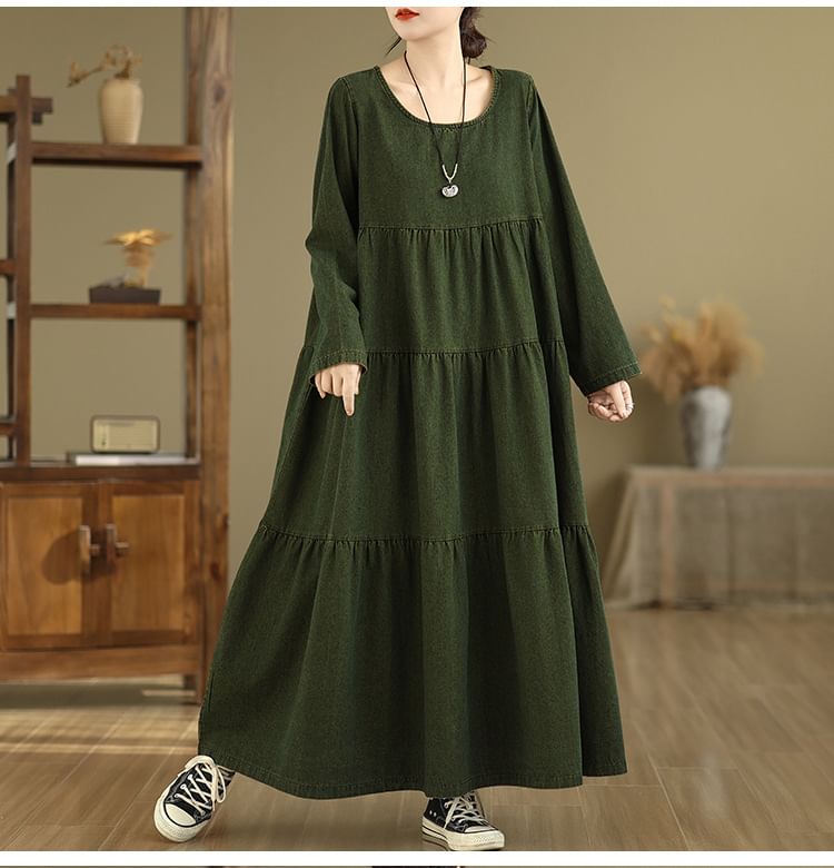 U-Neck Long Sleeve A-Line Maxi Dress