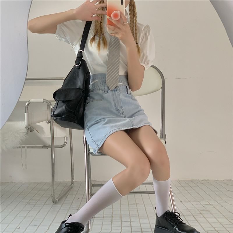 Washed Tie Back A-Line Skirt High Denim Rise Mini