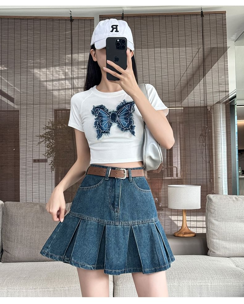Pleated Denim Mini A-Line Skirt with High Rise