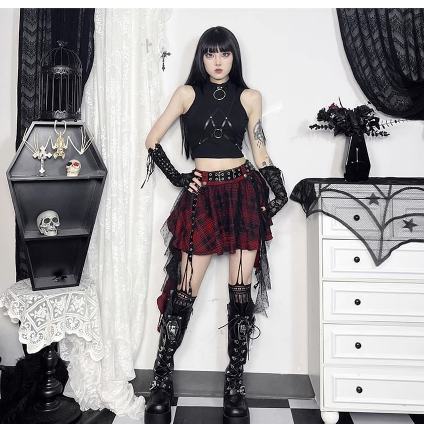 Plaid Mini Flared Skirt with Lace Ruffles and High Rise