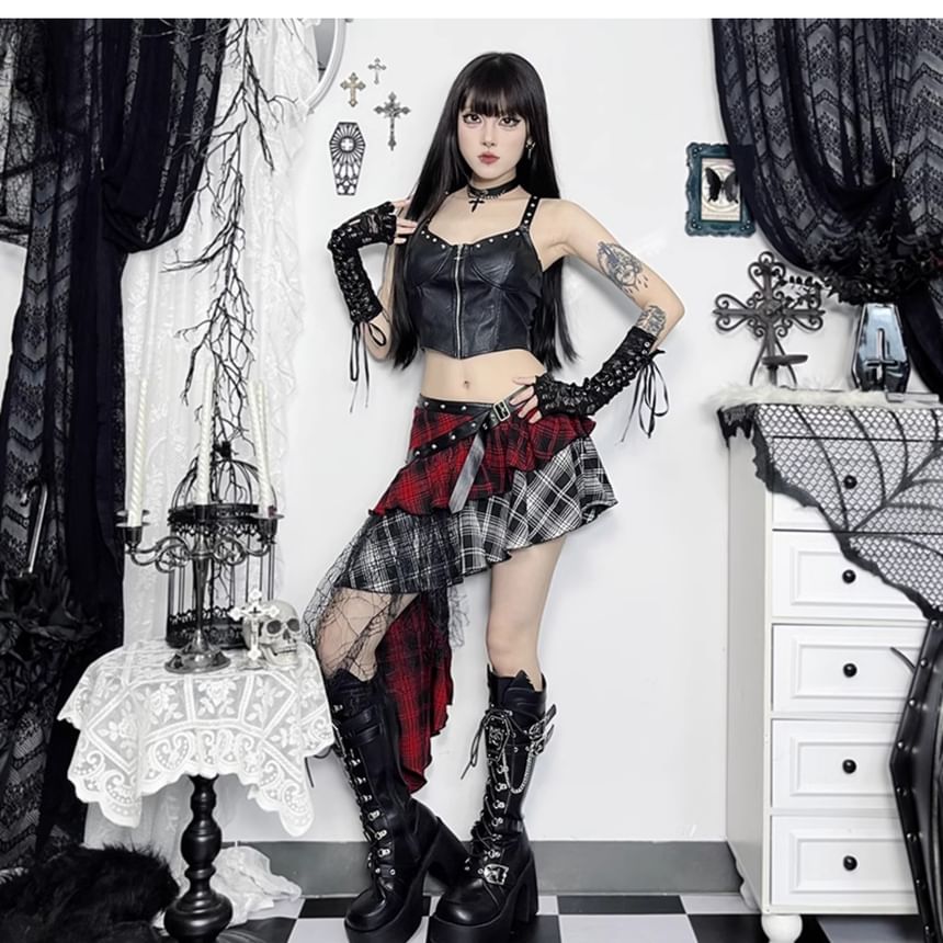 Asymmetric Plaid Midi Flared Skirt with Paneled Design and Low Rise