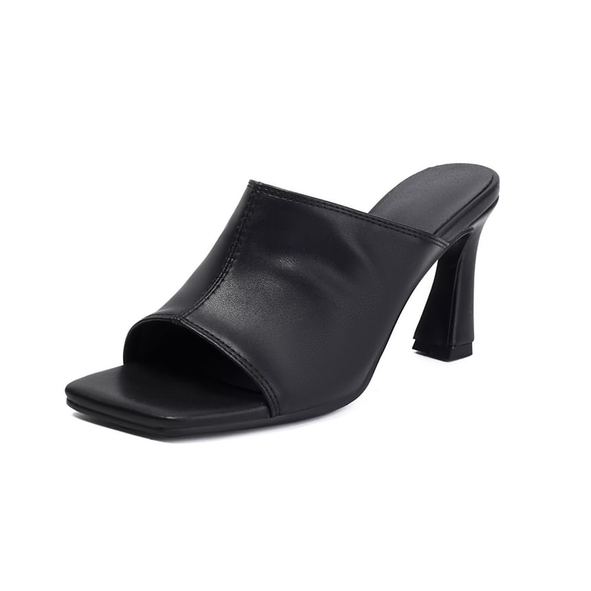 High Heel Square Toe Faux Leather Slide Sandals