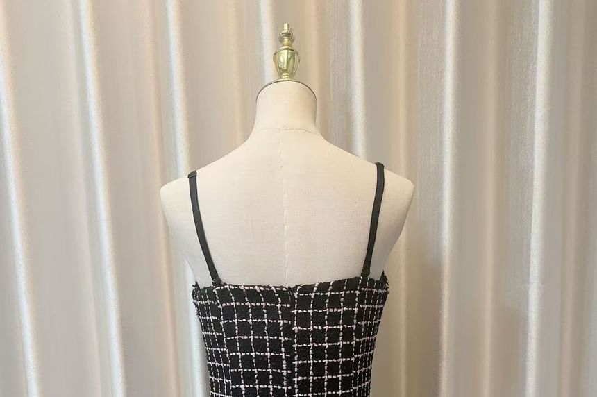 Tweed Plaid Sweetheart Neck Mini A-Line Dress with Spaghetti Straps