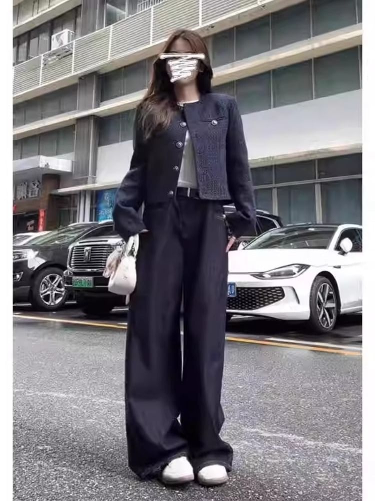 Round Neck Plain Tweed Single Breasted Cropped Jacket