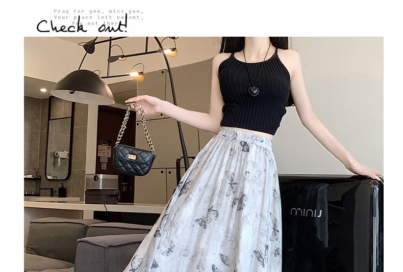 Midi Butterfly A-Line Print Skirt Rise High