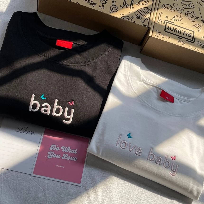 T-Shirt Lettering Round Couple Neck Matching Sleeve Short Print