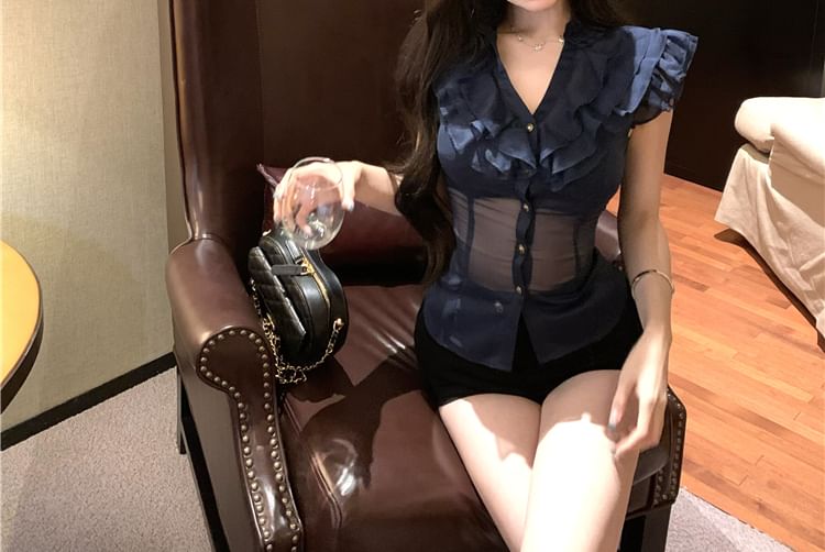 Plain Fit Cap-Sleeve Ruffle Trim Blouse Slim