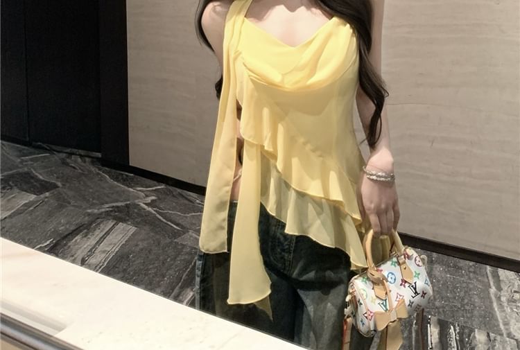 + Plain Ruffle Hem Top Camisole Crop Asymmetrical Scarf Set: V-Neck