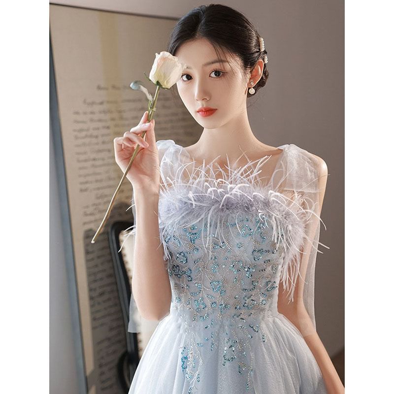 Sequined Fluffy Tie-Shoulder A-Line Gown Evening Trim