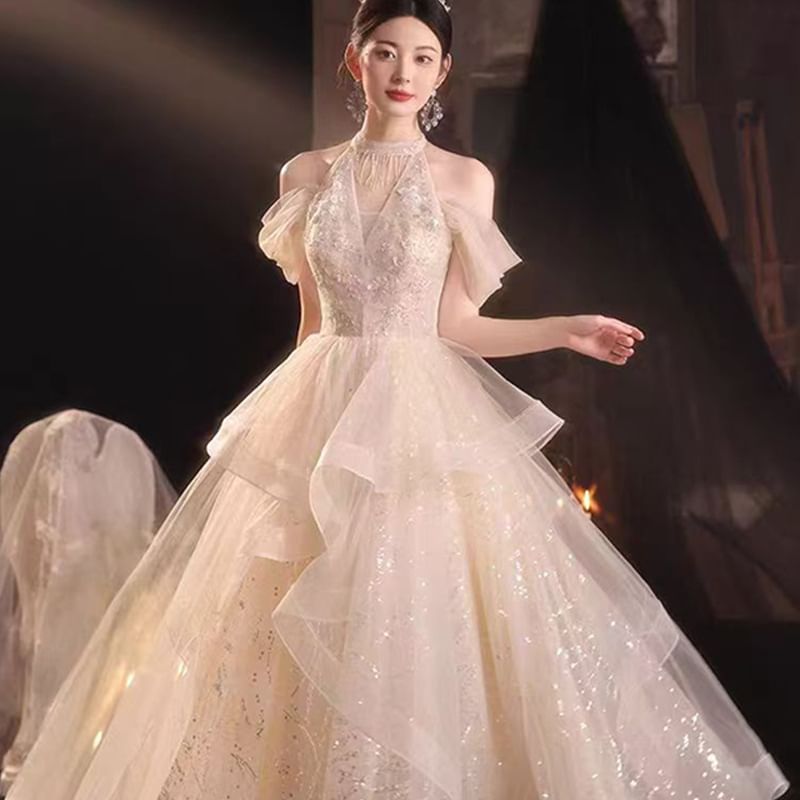 Sequined A-Line Ruffled Evening Gown Cold-Shoulder