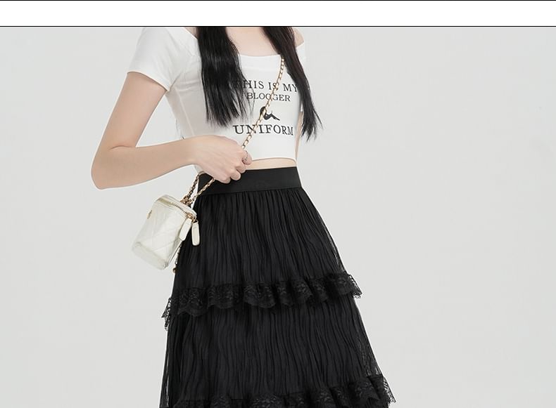 High A-Line Plain Midi Skirt Lace Waist Tiered
