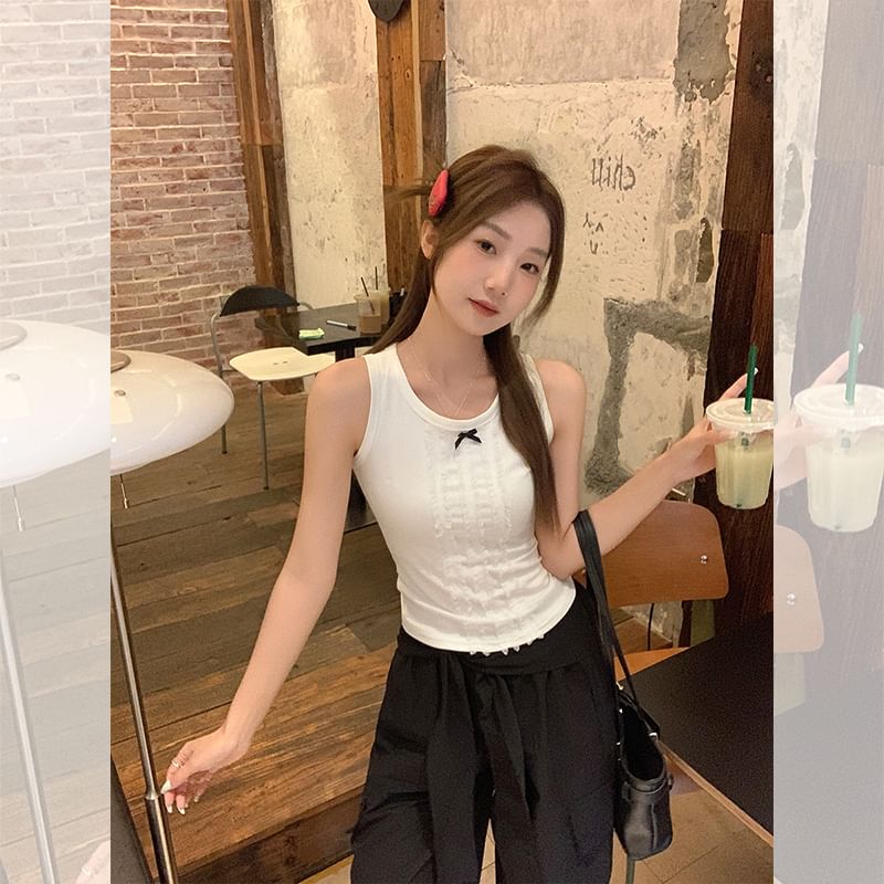 Neck Bow Fit Lace Panel Top Crew Tank Slim