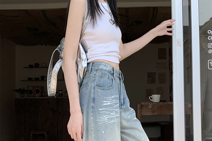 Jeans High Waist Wide Ripped Washed Leg