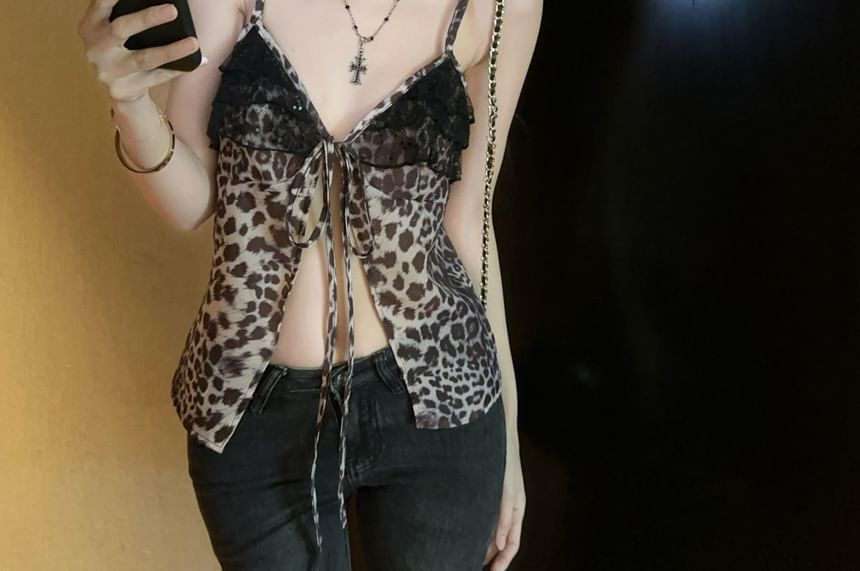Ruffle Leopard Print Cami Slit Panel Tie-Up V-Neck Top