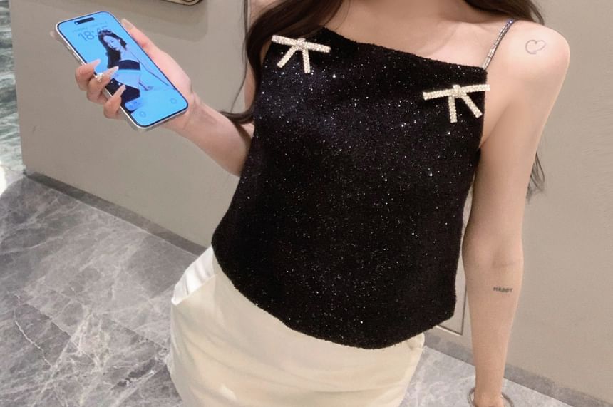 Glitter Cami Bow Top Rhinestone
