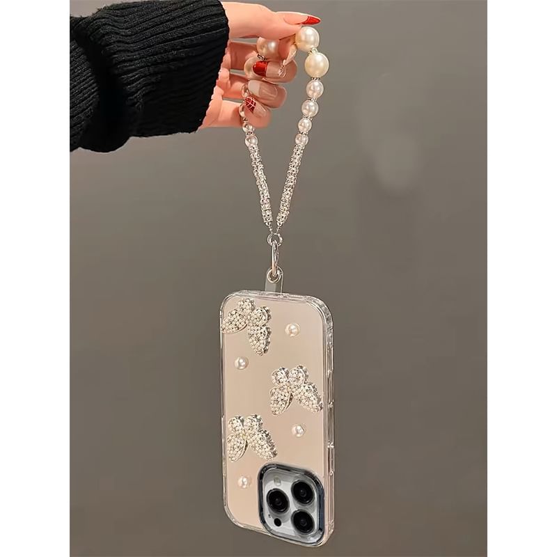 Mirrored Phone Strap / Pearl Case Butterfly Set Faux