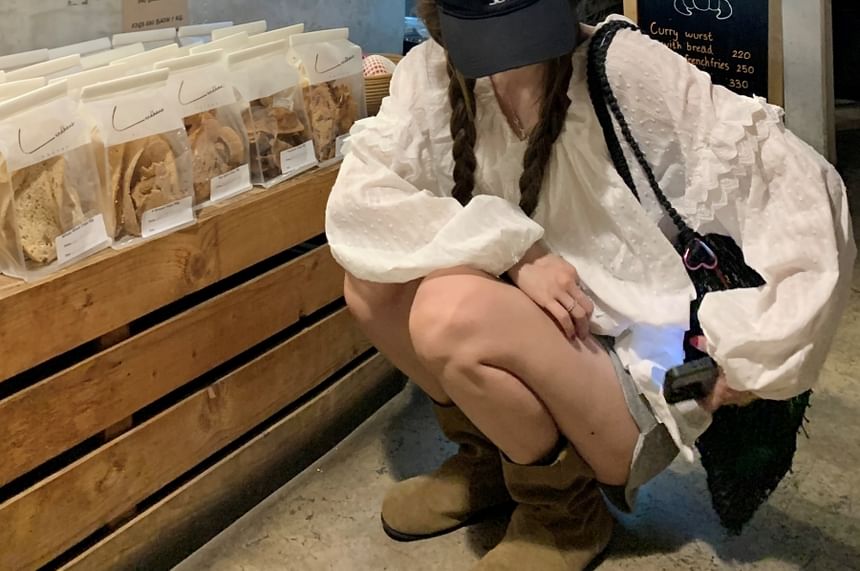 Neck Blouse Plain Long Sleeve Round Ruffle