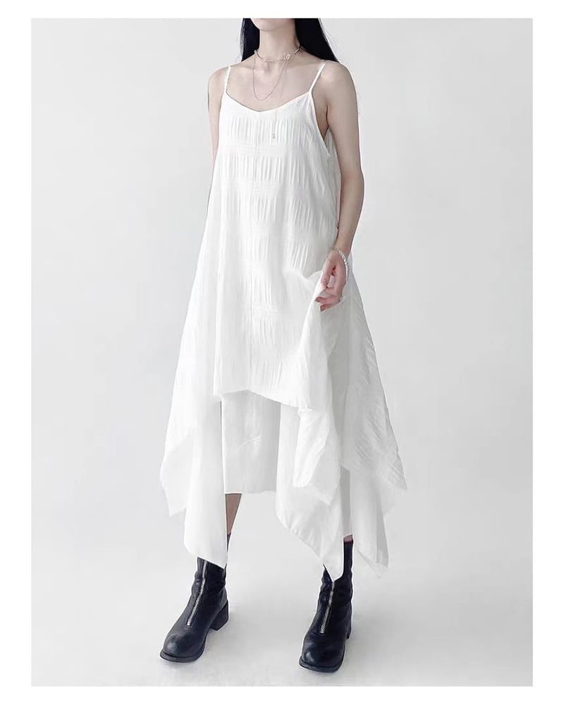 Asymmetrical Midi A-Line Dress with V-Neck and Thin Straps