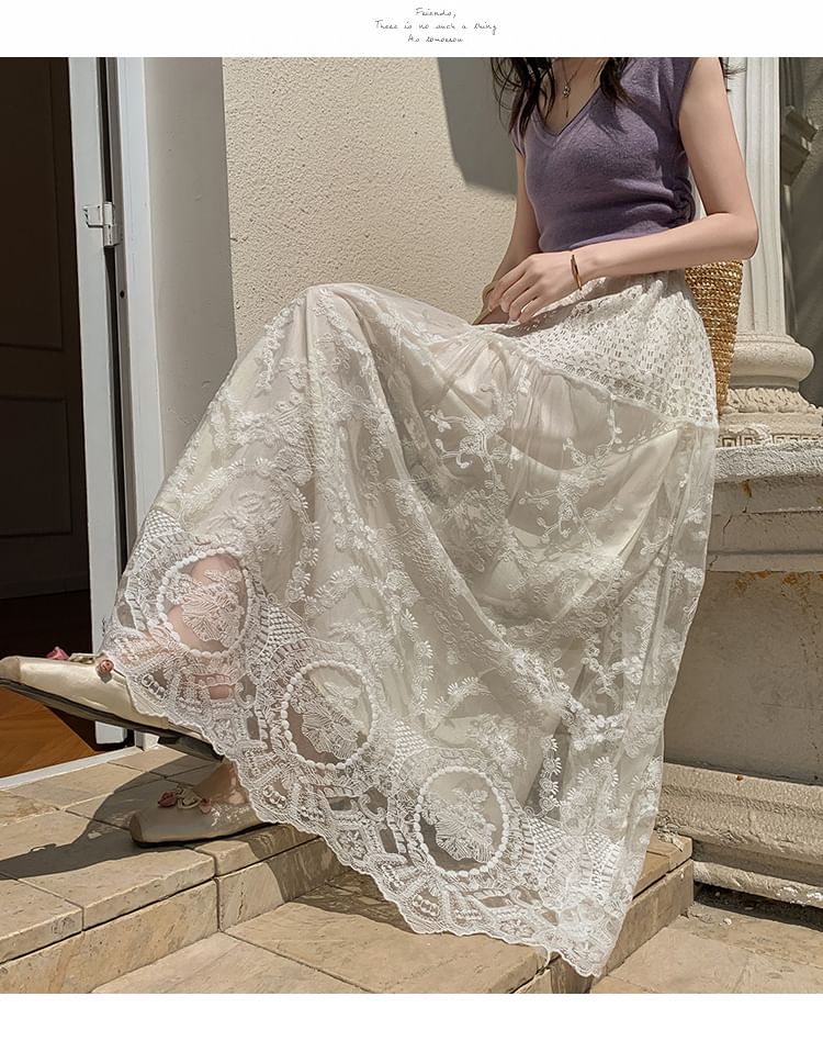 Maxi Lace High Waist A-Line Skirt