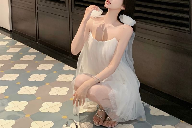 Mini Detail Mesh Strap Plain Spaghetti Flower Sundress