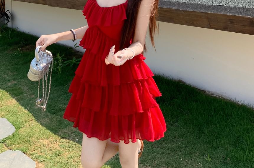 Sundress Plain Ruffle Mini Spaghetti Strap