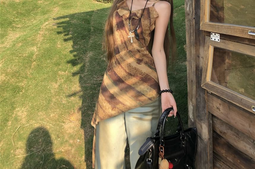 Printed Top Ruffled Asymmetrical Camisole