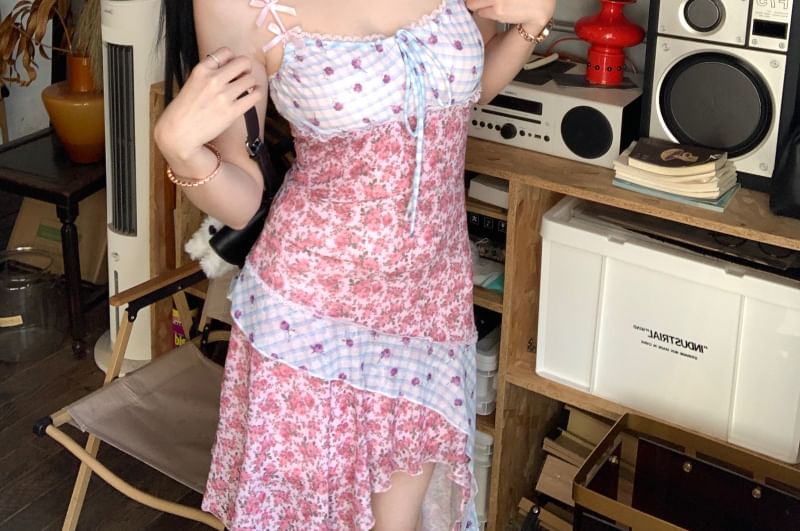 Dress Asymmetrical Print Mini Spaghetti Floral Panel Bodycon Strap