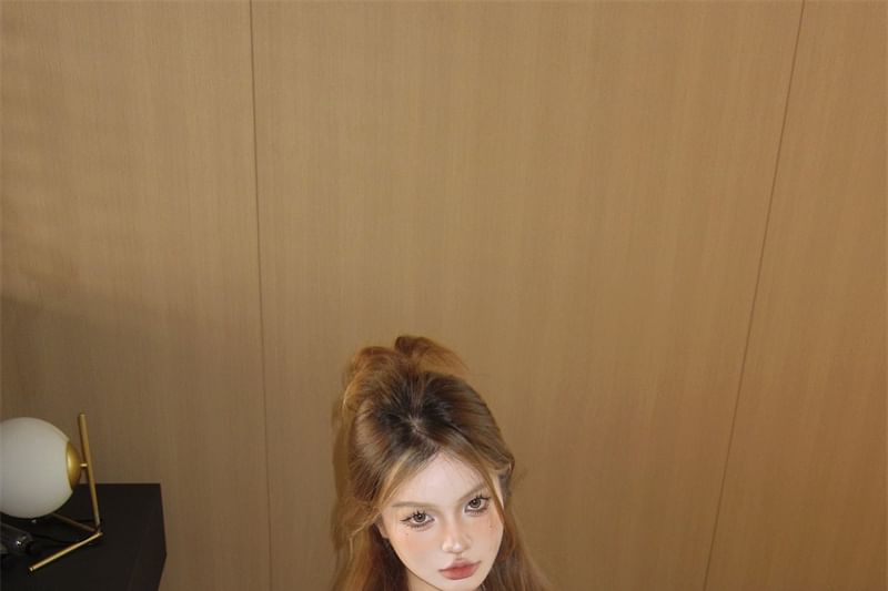 Off-Shoulder Long-Sleeve Set: + Camo Tube Top Print Mesh Crop