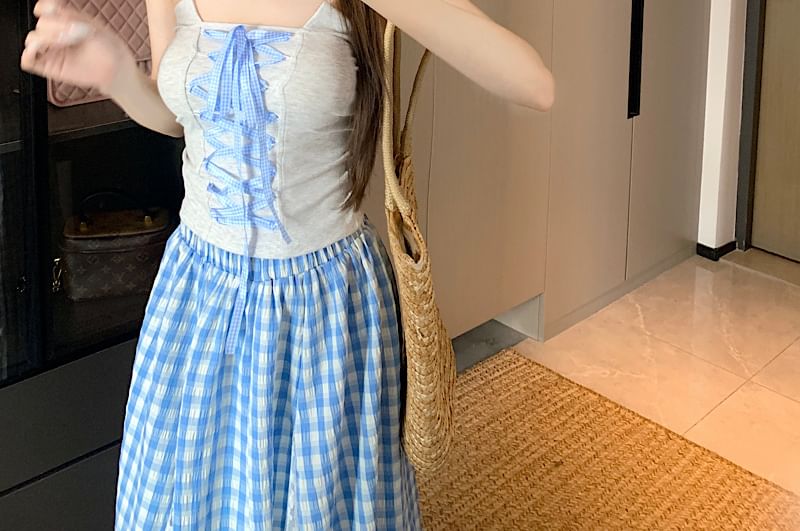 Gingham Tube Top Lace-Up