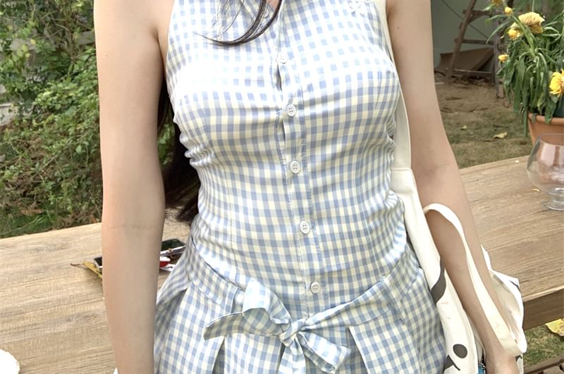 Halter-Neck Button-Up A-Line Pleated Gingham Dress Mini